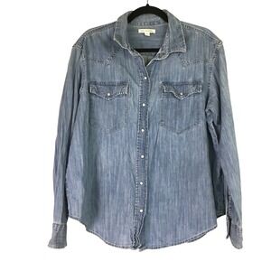 Free Assembly Woman's Blue Denim Cotton Western Snap Button Down Shirt Large